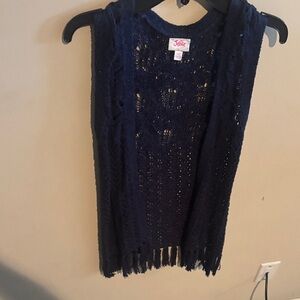 Justice Dark Navy Crochet Fringe Open Vest